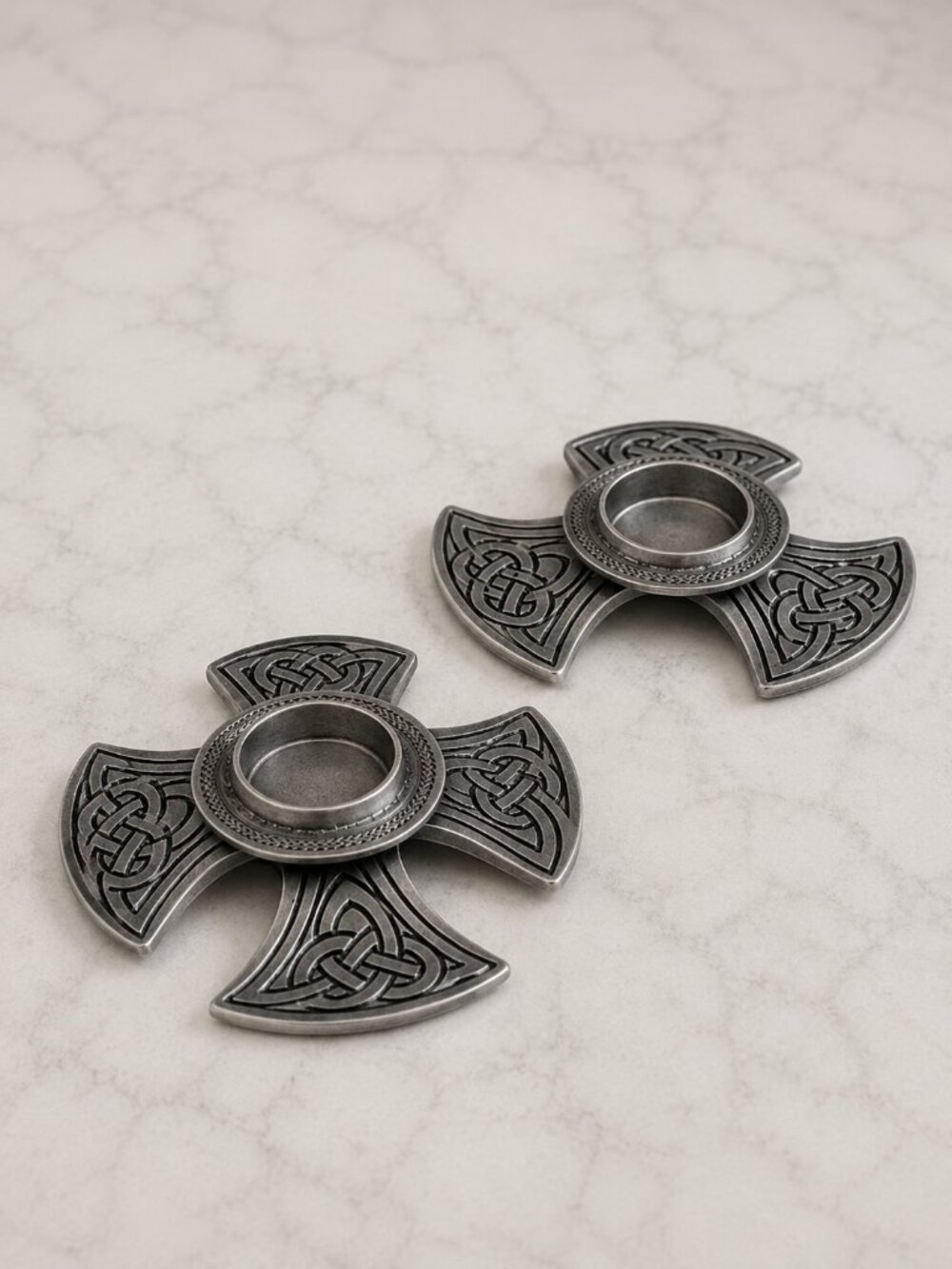 Vintage Piper Pewter Celtic Axe Head Candle Holders Knox Trinity Knot Set of 2